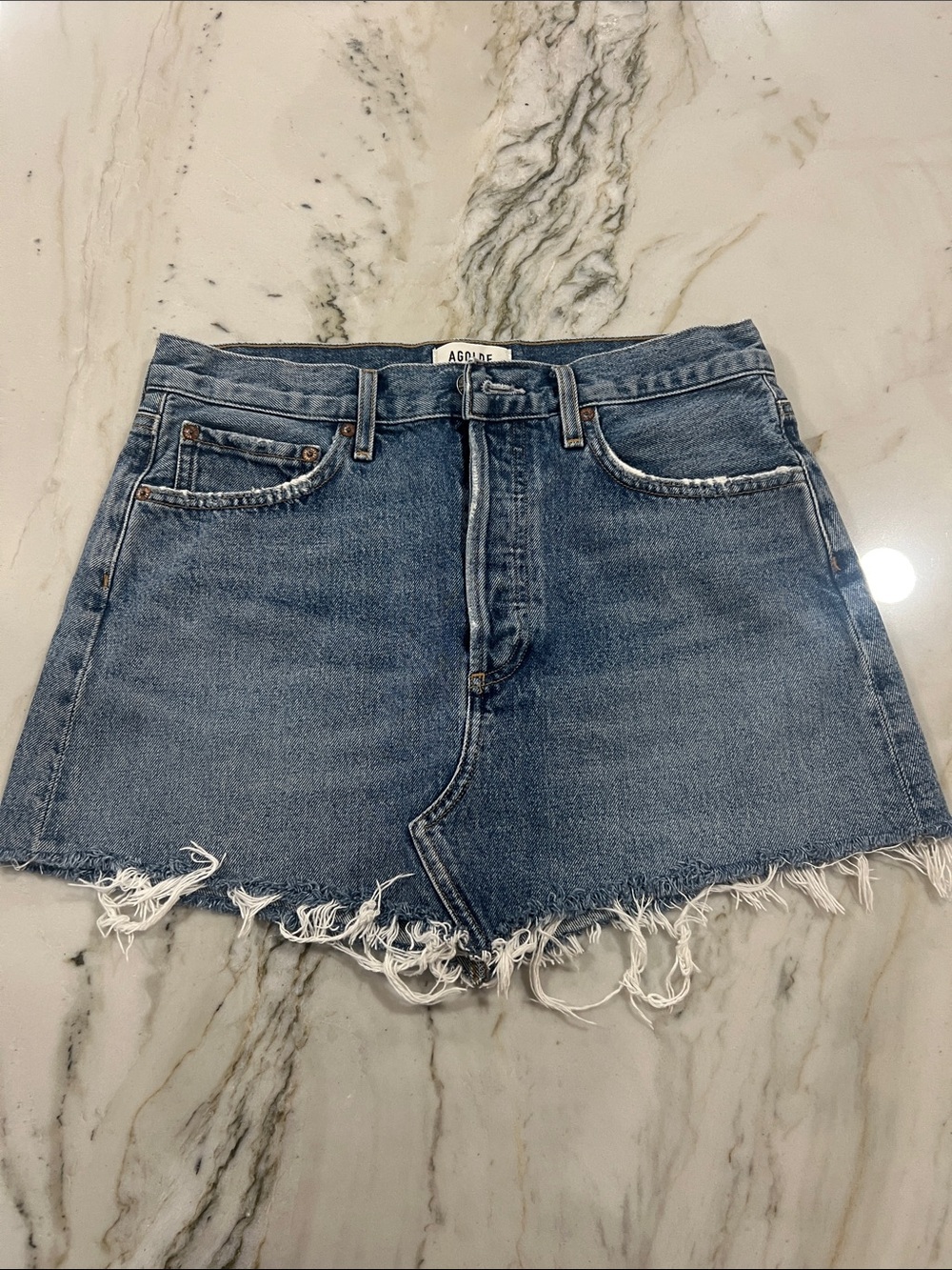 Agolde blue denim distressed frayed hem mini skirt